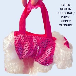 SUPER SOFT WHITE PUPPY/PINK SEQUIN PURSE, ZIP CLOSURE, COMES W/CROSSBODY STRAP